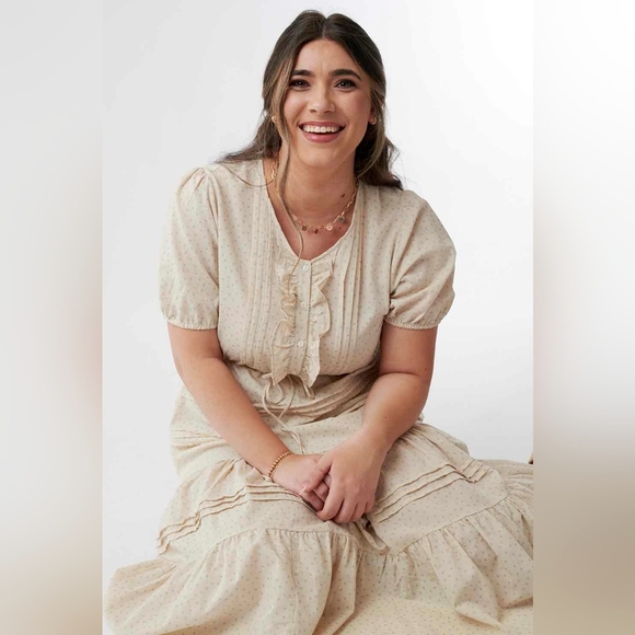 Puff Short Sleeve Button down Nursing Cotton Midi Dress New - Picture 2 of 14